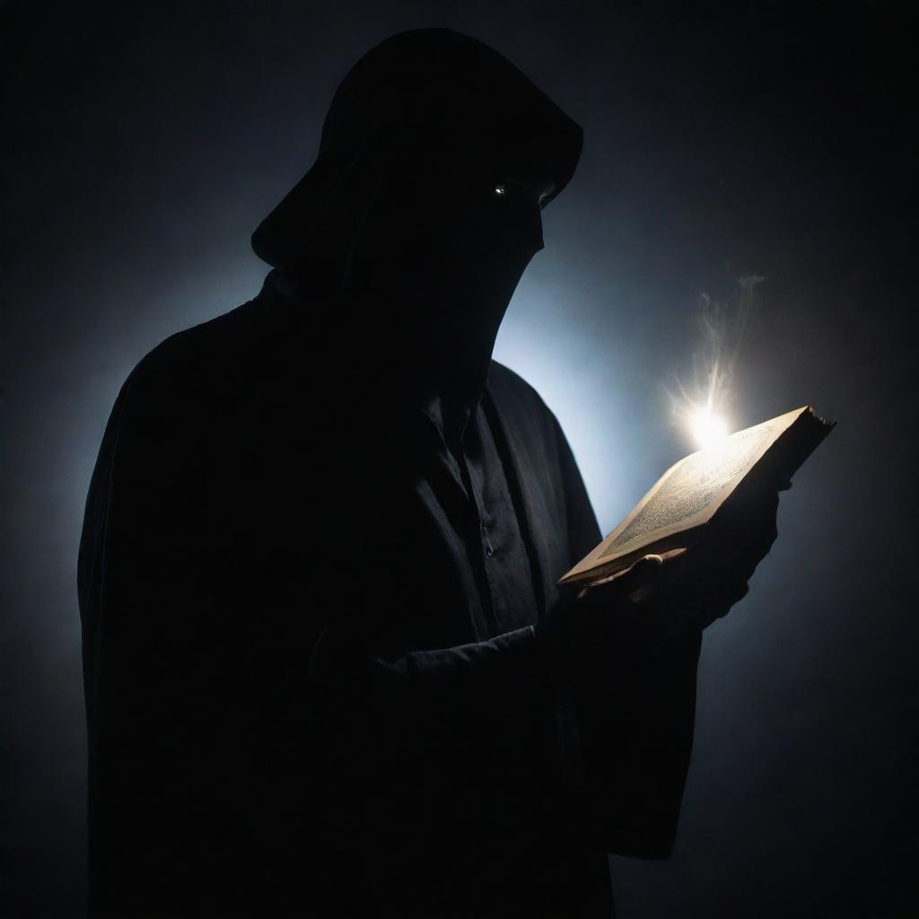 A faceless man, portrayed in silhouette, holding a magical book. The book emits a dazzling glow, casting dramatic shadows. His stance and body language strongly portray his shock, his figure illuminated by the supernatural light pulsating from the magical tome.