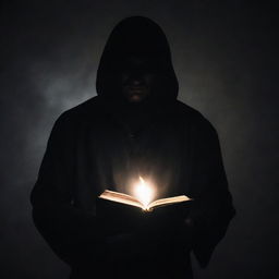 A faceless man, portrayed in silhouette, holding a magical book. The book emits a dazzling glow, casting dramatic shadows. His stance and body language strongly portray his shock, his figure illuminated by the supernatural light pulsating from the magical tome.