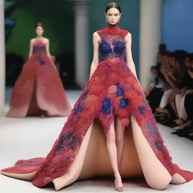The fashion designer showcased a stunning gown inspired by the shape and colors of a pome, using intricate beadwork to mimic the seed chambers and fleshy exterior.