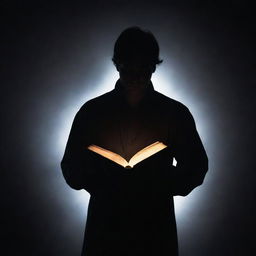 A faceless man, portrayed in silhouette, holding a magical book. The book emits a dazzling glow, casting dramatic shadows. His stance and body language strongly portray his shock, his figure illuminated by the supernatural light pulsating from the magical tome.