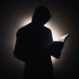 A faceless man, portrayed in silhouette, holding a magical book. The book emits a dazzling glow, casting dramatic shadows. His stance and body language strongly portray his shock, his figure illuminated by the supernatural light pulsating from the magical tome.