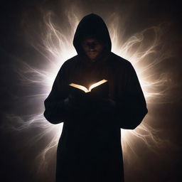 A haunting silhouette of a faceless man holding a magical book. The mystical tome in his grasp pulsates with an ethereal glow, scattering dancing light patterns around him, enveloping the figure and the surrounding in its mysterious charm.