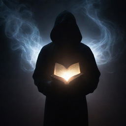 A haunting silhouette of a faceless man holding a magical book. The mystical tome in his grasp pulsates with an ethereal glow, scattering dancing light patterns around him, enveloping the figure and the surrounding in its mysterious charm.