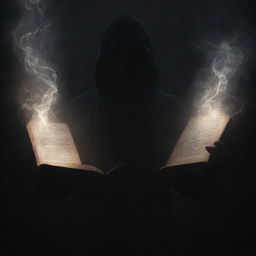 A haunting silhouette of a faceless man holding a magical book. The mystical tome in his grasp pulsates with an ethereal glow, scattering dancing light patterns around him, enveloping the figure and the surrounding in its mysterious charm.