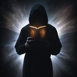 A haunting silhouette of a faceless man holding a magical book. The mystical tome in his grasp pulsates with an ethereal glow, scattering dancing light patterns around him, enveloping the figure and the surrounding in its mysterious charm.