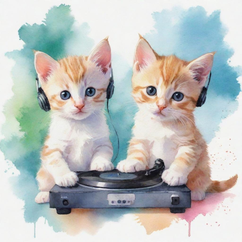 The same two kittens, one DJing and the other listening to music, now being depicted in a soothing watercolor style.