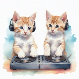 The same two kittens, one DJing and the other listening to music, now being depicted in a soothing watercolor style.