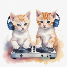 The same two kittens, one DJing and the other listening to music, now being depicted in a soothing watercolor style.