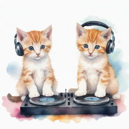 The same two kittens, one DJing and the other listening to music, now being depicted in a soothing watercolor style.