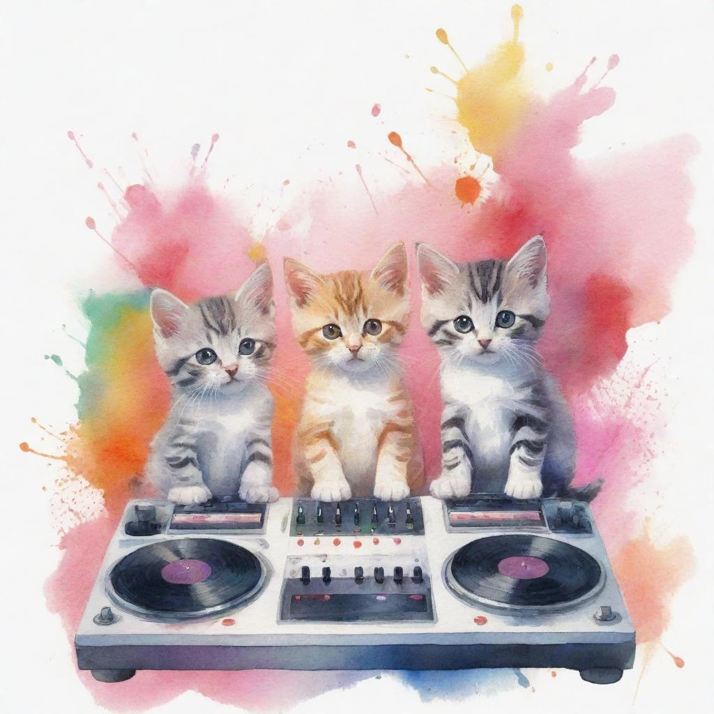 Render the DJing and music-enjoying kittens in a less realistic, more abstract watercolor painting style.