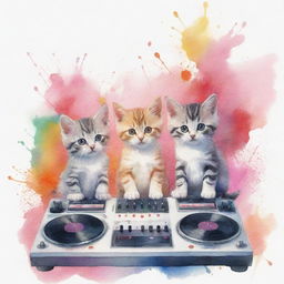 Render the DJing and music-enjoying kittens in a less realistic, more abstract watercolor painting style.