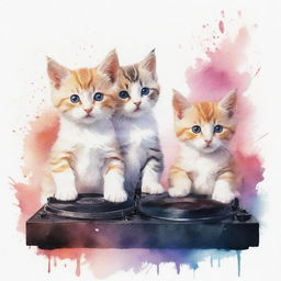 Render the DJing and music-enjoying kittens in a less realistic, more abstract watercolor painting style.