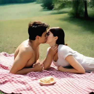 In the romantic movie, the couple shared a passionate kiss on a picnic blanket, feeling each other's buns beneath them.