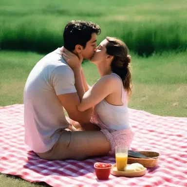 In the romantic movie, the couple shared a passionate kiss on a picnic blanket, feeling each other's buns beneath them.