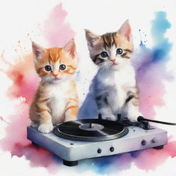 Render the DJing and music-enjoying kittens in a less realistic, more abstract watercolor painting style.