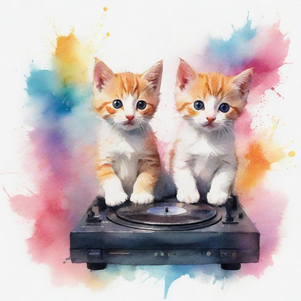 Render the DJing and music-enjoying kittens in a less realistic, more abstract watercolor painting style.