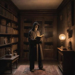 A figure of a faceless man holding a magical book, standing in a quaint room filled with curiosities. The book's enchanting glow illuminates the room's nooks and objects, casting intriguing shadows on the walls.