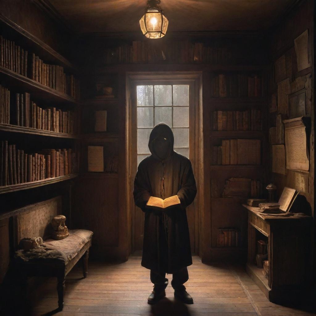 A figure of a faceless man holding a magical book, standing in a quaint room filled with curiosities. The book's enchanting glow illuminates the room's nooks and objects, casting intriguing shadows on the walls.