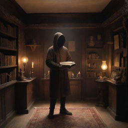 A figure of a faceless man holding a magical book, standing in a quaint room filled with curiosities. The book's enchanting glow illuminates the room's nooks and objects, casting intriguing shadows on the walls.