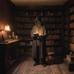 A figure of a faceless man holding a magical book, standing in a quaint room filled with curiosities. The book's enchanting glow illuminates the room's nooks and objects, casting intriguing shadows on the walls.