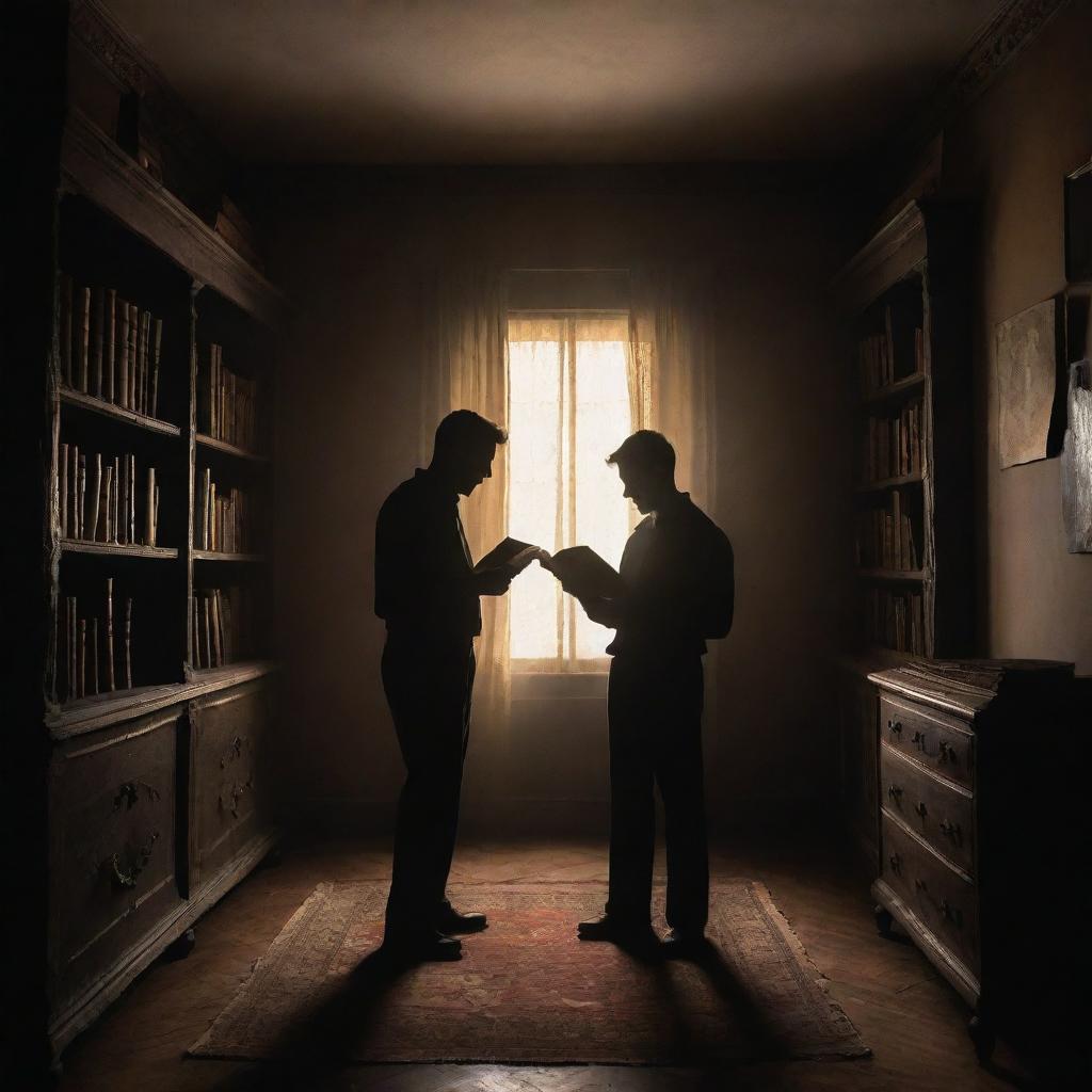 A silhouette of a man, standing in his room filled with antique treasures, holding a magical book. The enigmatic glow from the book spills over the room, leaving shadows dancing on the walls and casting the figure in an aura of suspense.