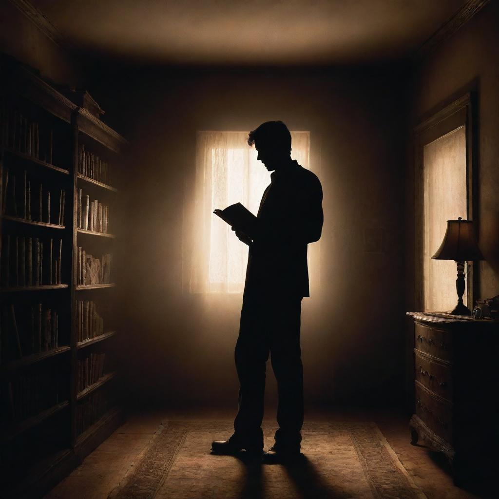 A silhouette of a man, standing in his room filled with antique treasures, holding a magical book. The enigmatic glow from the book spills over the room, leaving shadows dancing on the walls and casting the figure in an aura of suspense.