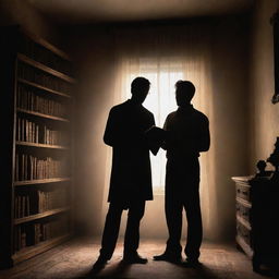 A silhouette of a man, standing in his room filled with antique treasures, holding a magical book. The enigmatic glow from the book spills over the room, leaving shadows dancing on the walls and casting the figure in an aura of suspense.