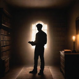 A silhouette of a man, standing in his room filled with antique treasures, holding a magical book. The enigmatic glow from the book spills over the room, leaving shadows dancing on the walls and casting the figure in an aura of suspense.