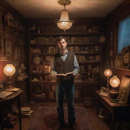 A man, standing amidst a cozy room brimming with curiosities, holding a magical book in his hands. The mystical glow of the book radiates around the room, casting a surreal light effect on the eclectic array of artifacts surrounding him.