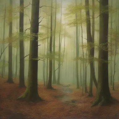 The artist depicted the tranquility of a forest by capturing the subtle crepitation of leaves underfoot in their painting.