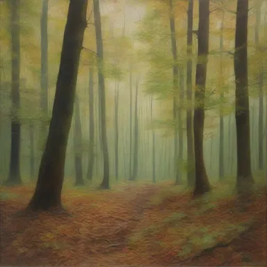 The artist depicted the tranquility of a forest by capturing the subtle crepitation of leaves underfoot in their painting.