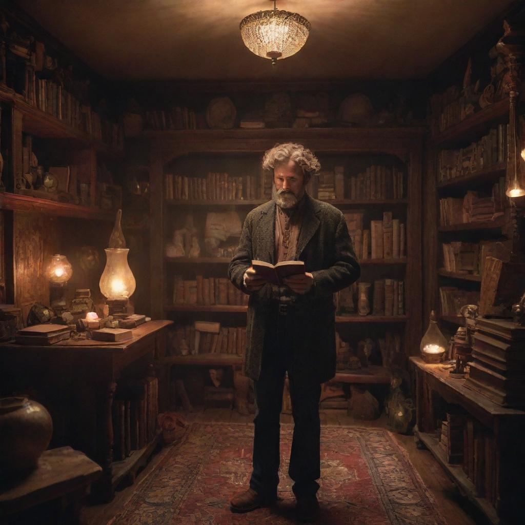 A man, standing amidst a cozy room brimming with curiosities, holding a magical book in his hands. The mystical glow of the book radiates around the room, casting a surreal light effect on the eclectic array of artifacts surrounding him.