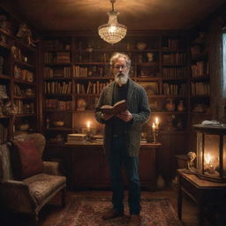 A man, standing amidst a cozy room brimming with curiosities, holding a magical book in his hands. The mystical glow of the book radiates around the room, casting a surreal light effect on the eclectic array of artifacts surrounding him.