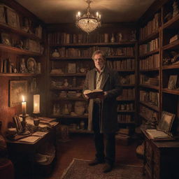 A man, standing amidst a cozy room brimming with curiosities, holding a magical book in his hands. The mystical glow of the book radiates around the room, casting a surreal light effect on the eclectic array of artifacts surrounding him.