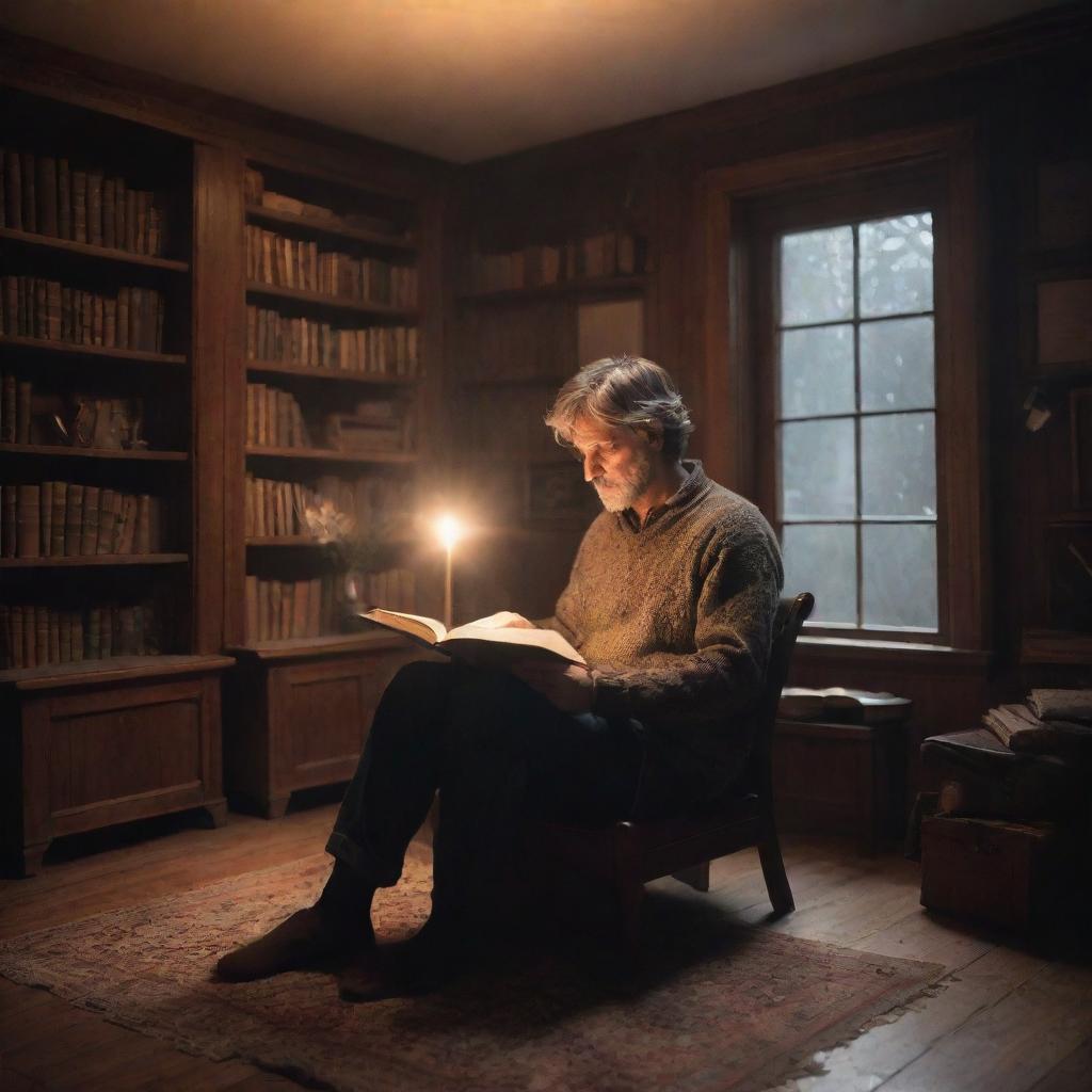 A man in his warm, cozy room, captivated by a magical book in his hands. The book is lighting up, casting an ethereal glow that fills the room, causing the space and the myriad artifacts within it to come alive in the magical light.