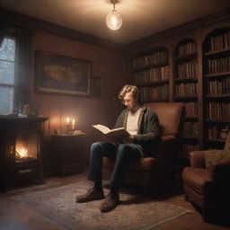 A man in his warm, cozy room, captivated by a magical book in his hands. The book is lighting up, casting an ethereal glow that fills the room, causing the space and the myriad artifacts within it to come alive in the magical light.