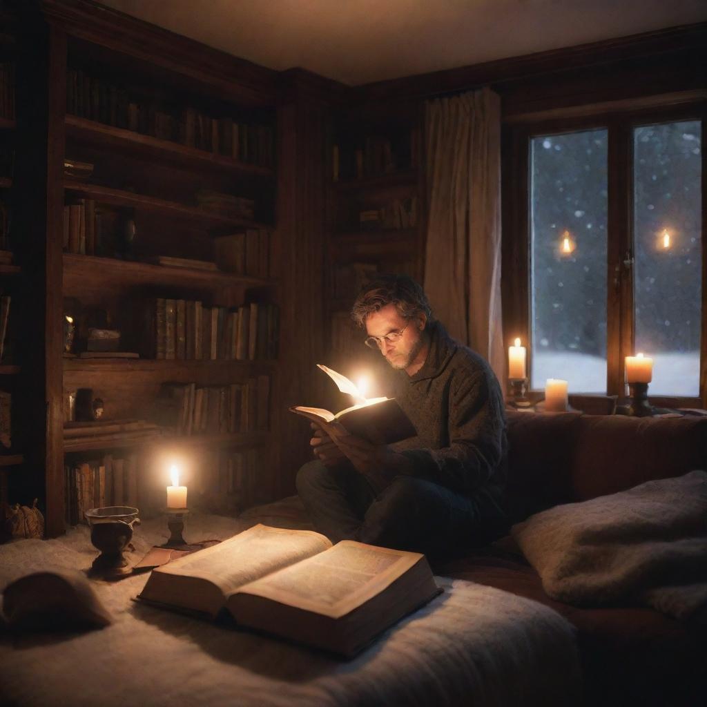 A man in his warm, cozy room, captivated by a magical book in his hands. The book is lighting up, casting an ethereal glow that fills the room, causing the space and the myriad artifacts within it to come alive in the magical light.