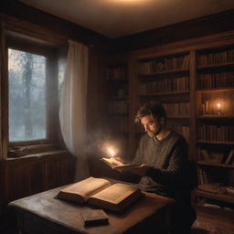 A man in his warm, cozy room, captivated by a magical book in his hands. The book is lighting up, casting an ethereal glow that fills the room, causing the space and the myriad artifacts within it to come alive in the magical light.