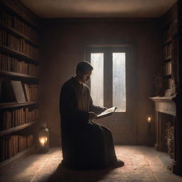 A faceless man in a quaint, treasured-filled room, holding a magical book. The book lights up, filling the space with a mystical glow that spills over the artifacts, the ethereal light reflecting off the man's silhouette creating a captivating scene of intrigue.