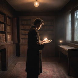 A faceless man in a quaint, treasured-filled room, holding a magical book. The book lights up, filling the space with a mystical glow that spills over the artifacts, the ethereal light reflecting off the man's silhouette creating a captivating scene of intrigue.