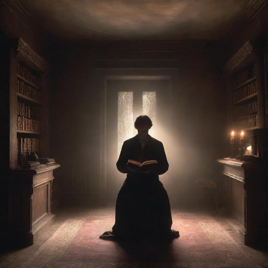 A faceless man in a quaint, treasured-filled room, holding a magical book. The book lights up, filling the space with a mystical glow that spills over the artifacts, the ethereal light reflecting off the man's silhouette creating a captivating scene of intrigue.