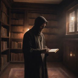 A faceless man in a quaint, treasured-filled room, holding a magical book. The book lights up, filling the space with a mystical glow that spills over the artifacts, the ethereal light reflecting off the man's silhouette creating a captivating scene of intrigue.