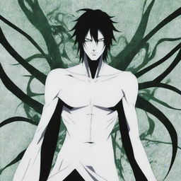 Aesthetically pleasing artwork of 'Ulquiorra Cifer', a character from Bleach, set against an intricate abstract background