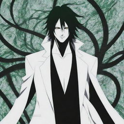 Aesthetically pleasing artwork of 'Ulquiorra Cifer', a character from Bleach, set against an intricate abstract background