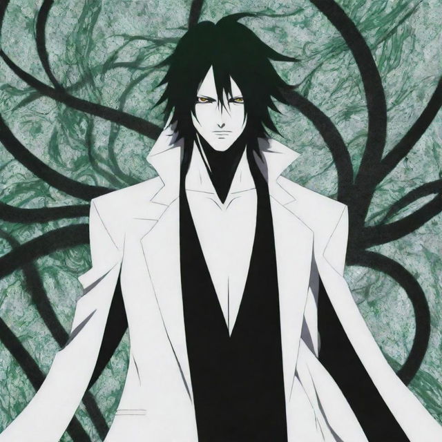 Aesthetically pleasing artwork of 'Ulquiorra Cifer', a character from Bleach, set against an intricate abstract background