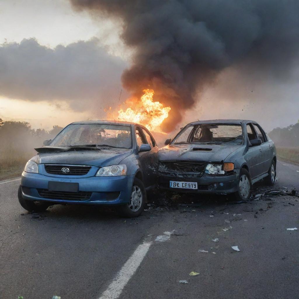 A dramatic scene of a car crash under a dusky sky. Two vehicles entangled in a collision, their frontend crumpled. Smoke rising from the wreckage, while shattered glass and car debris litter the otherwise tranquil road.