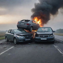 A dramatic scene of a car crash under a dusky sky. Two vehicles entangled in a collision, their frontend crumpled. Smoke rising from the wreckage, while shattered glass and car debris litter the otherwise tranquil road.