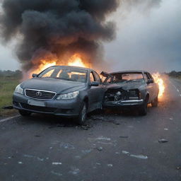 A dramatic scene of a car crash under a dusky sky. Two vehicles entangled in a collision, their frontend crumpled. Smoke rising from the wreckage, while shattered glass and car debris litter the otherwise tranquil road.