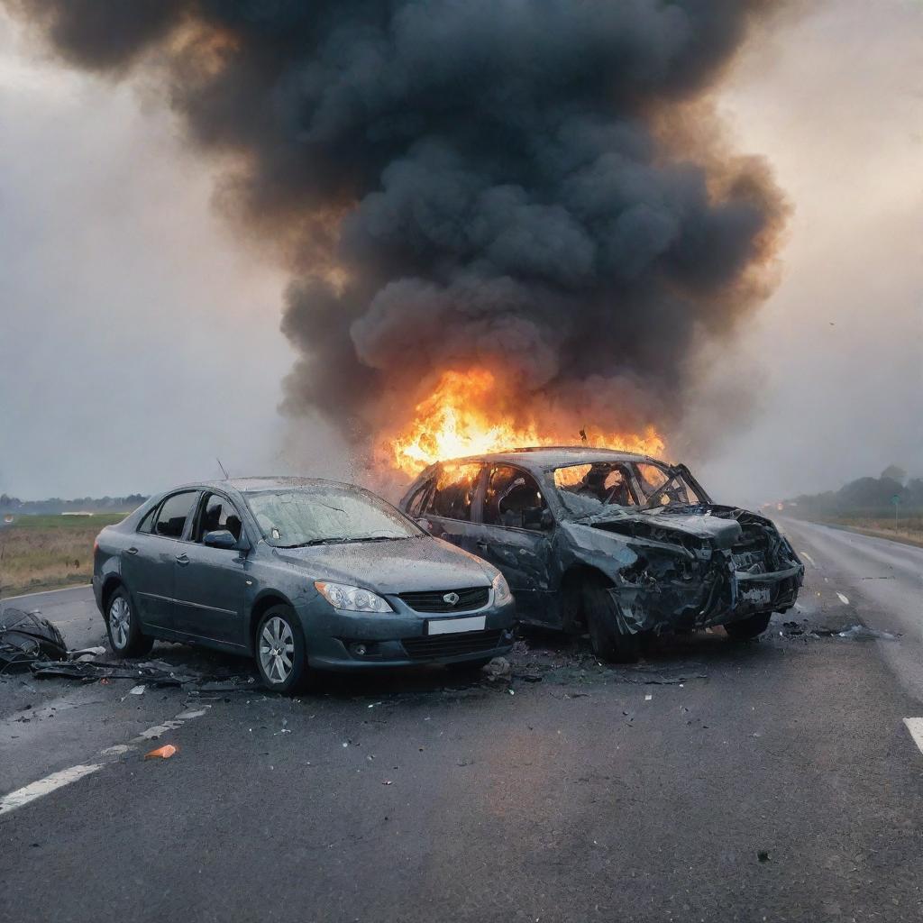 A dramatic scene of a car crash under a dusky sky. Two vehicles entangled in a collision, their frontend crumpled. Smoke rising from the wreckage, while shattered glass and car debris litter the otherwise tranquil road.