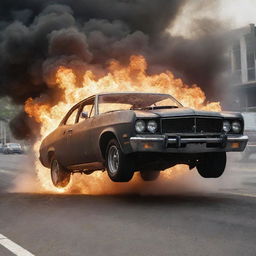 A high-octane scene illustrating an exploding car. The vehicle caught in a fiery explosion, a powerful shockwave rippling outwards, and debris pierced through the thick smoke and intense flames.